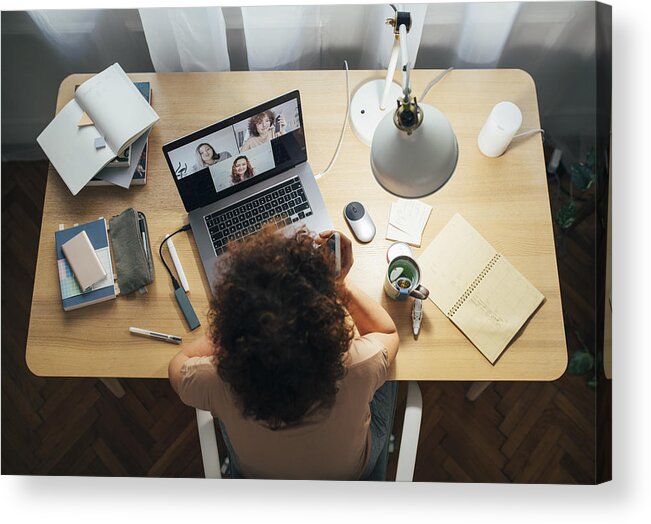 Working Acrylic Print featuring the photograph Social Distancing and Self Care: Happy Woman Teleconferencing from Home by FreshSplash