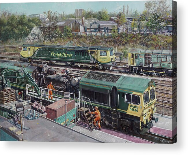 Train Acrylic Print featuring the painting Southampton Freightliner Train Maintenance by Martin Davey