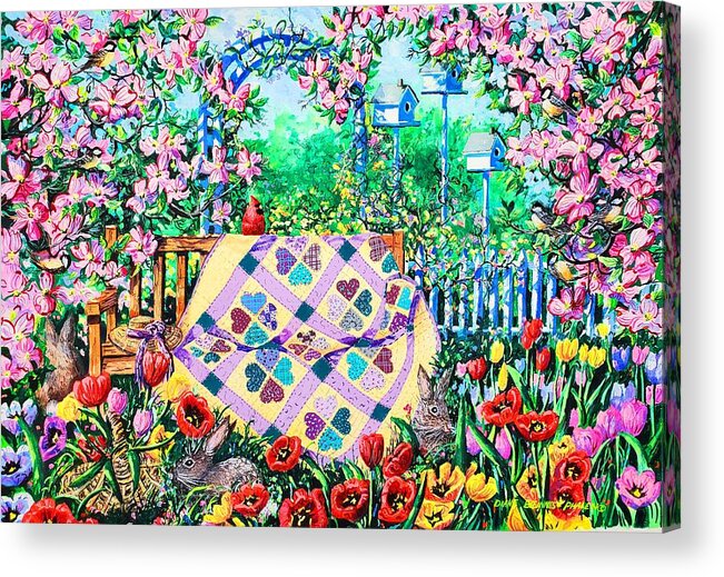 Garden Bench Acrylic Print featuring the painting Springtime Hearts and Flowers by Diane Phalen