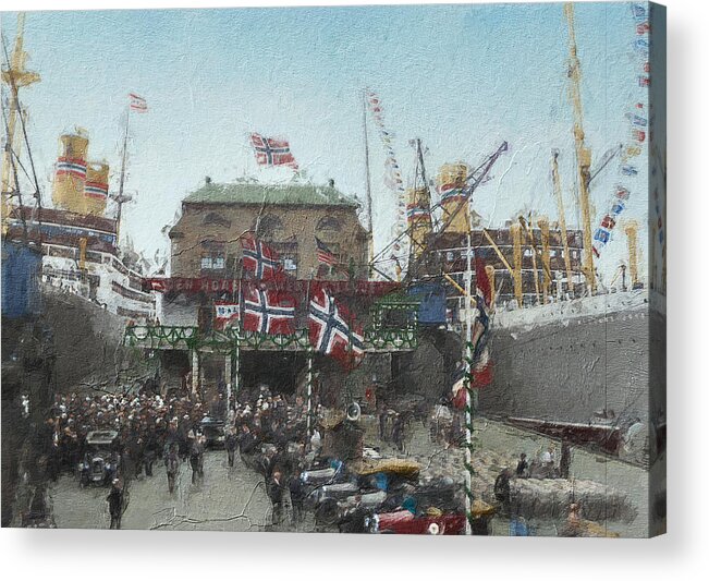Bergen Acrylic Print featuring the digital art Steamships at docks by Geir Rosset