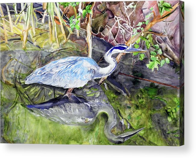 Blue Heron Acrylic Print featuring the painting Still Water by Barbara F Johnson