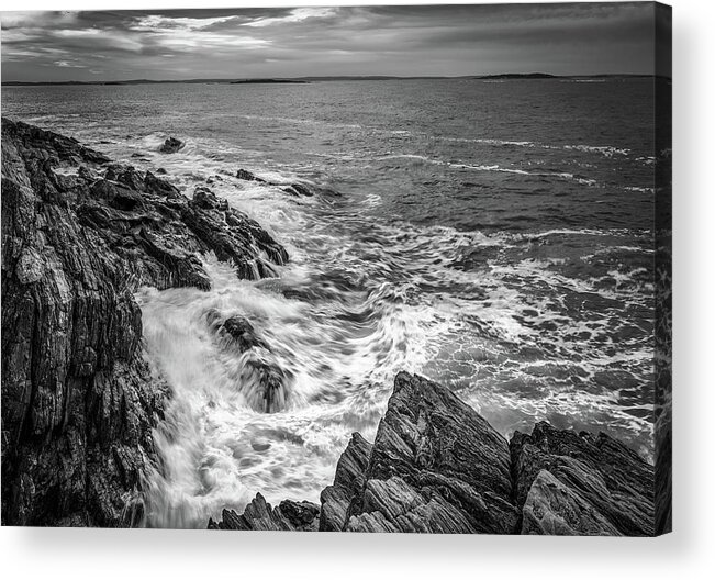 Bailey Island Acrylic Print featuring the photograph Stormy Dawn at Giant's Stairs in Black and White by Kristen Wilkinson