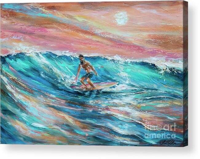 Beach Acrylic Print featuring the painting Surfer at Dawn by Linda Olsen