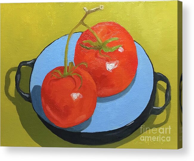 Tomato Acrylic Print featuring the painting Tomatoes on Blue Plate by Anne Marie Brown