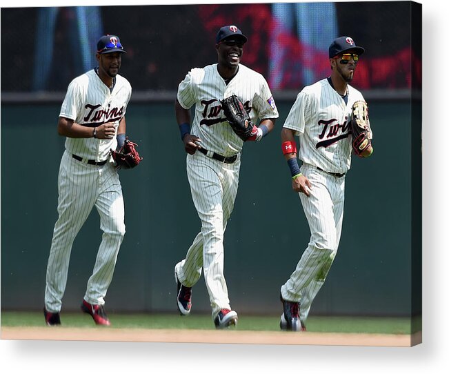 People Acrylic Print featuring the photograph Torii Hunter, Aaron Hicks, and Eddie Rosario by Hannah Foslien