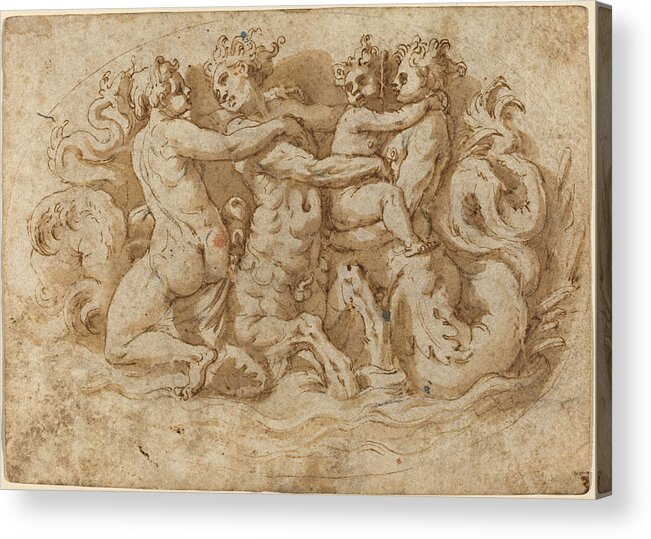Attributed To Pellegrino Tibaldi Acrylic Print featuring the drawing Tritons and Nymphs by Attributed to Pellegrino Tibaldi