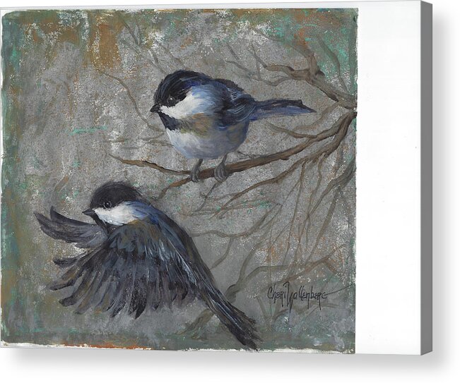 Songbird Acrylic Print featuring the painting Two Chickadees by Cheri Wollenberg
