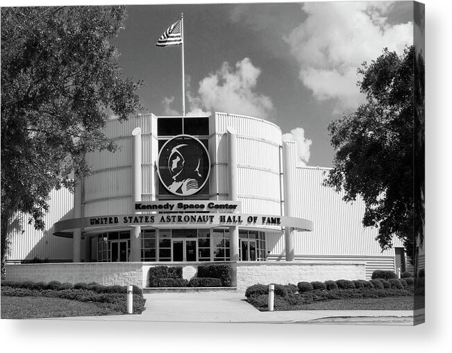 United States Astronaut Hall Of Fame Photo Acrylic Print featuring the photograph United States Astronaut Hall of Fame Florida bw by Bob Pardue