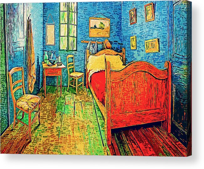 Bedroom In Arles Acrylic Print featuring the digital art Van Goghs Bedroom in Arles - digital painting with impressionist effect by Nicko Prints