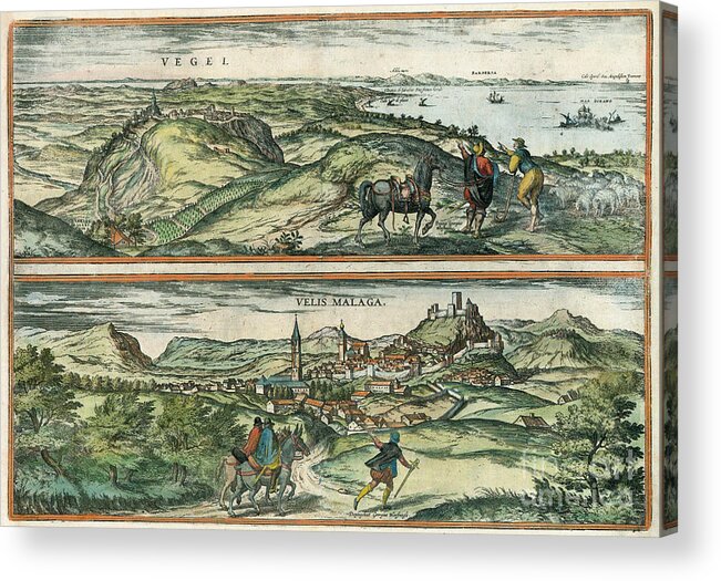 1575 Acrylic Print featuring the drawing View Of Vejer De La Frontera And Velez Malaga, Spain, 1575 by Georg Braun and Franz Hogenberg