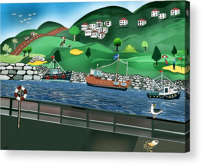 Colourful Acrylic Print featuring the digital art Village Harbour by John Mckenzie