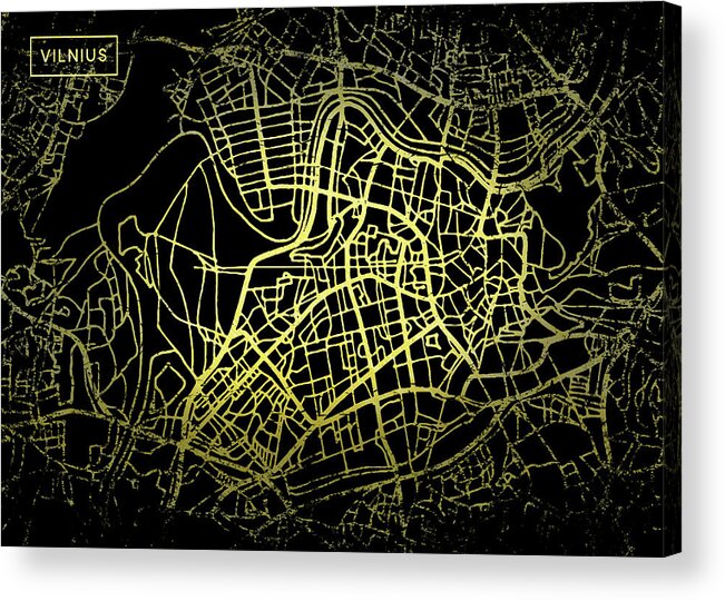 Map Acrylic Print featuring the digital art Vilnius Map in Gold and Black by Sambel Pedes