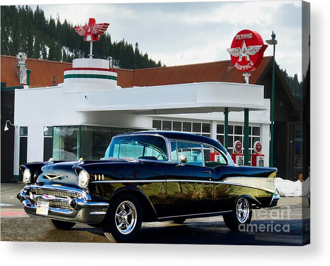 55 Acrylic Print featuring the photograph Vintage Flying A Station and 1957 Chevrolet by Doug Gist