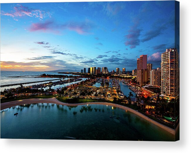 Paintography Acrylic Print featuring the photograph Waikiki Marina Twilight - Paintography by Anthony Jones