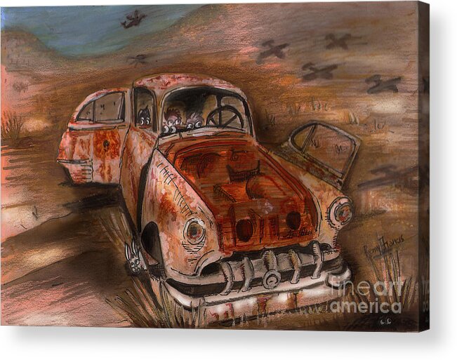 Watercolour Rusted Car Acrylic Print featuring the painting War-torn by Remy Francis
