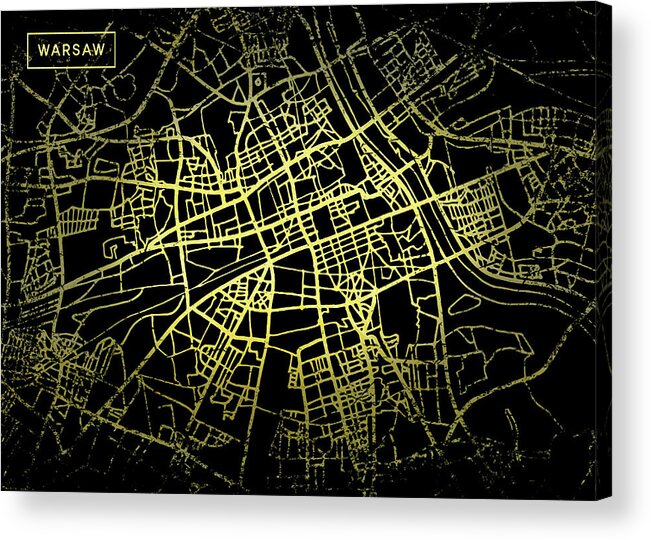 Map Acrylic Print featuring the digital art Warsaw Map in Gold and Black by Sambel Pedes