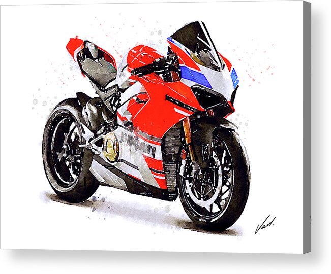 Sport Acrylic Print featuring the painting Watercolor Ducati Panigale V4S motorcycle, oryginal artwork by Vart by Vart Studio