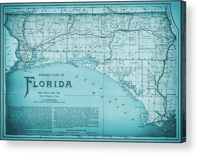 Florida Map Acrylic Print featuring the photograph Western Florida Vintage Map 1890 Ocean Blue by Carol Japp