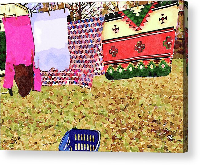 Laundry Day Acrylic Print featuring the digital art Winter Laundry Day Watercolor Painting by Shelli Fitzpatrick