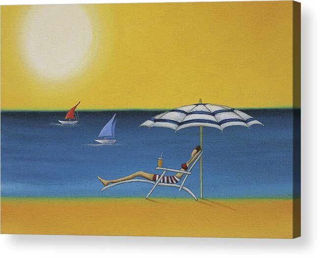 White People Acrylic Print featuring the drawing Woman Lying on a Sun Lounger Under a Parasol on a Sunny Beach by Mandy Pritty
