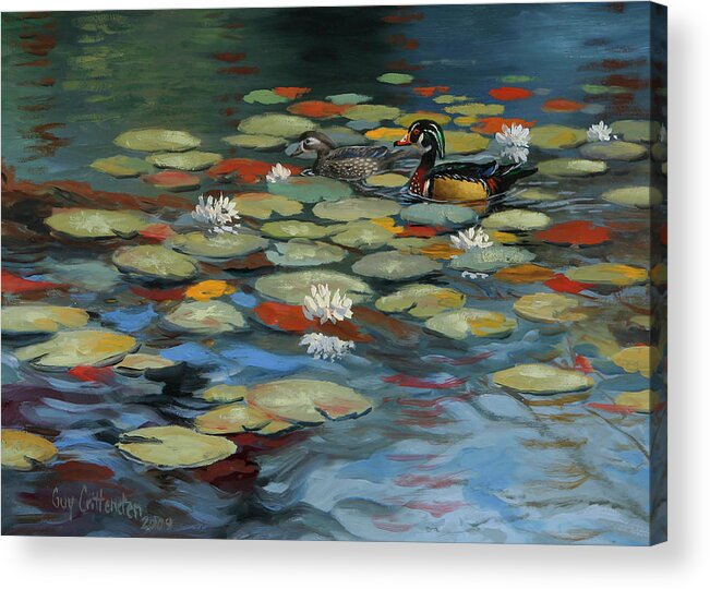 Wood Ducks Acrylic Print featuring the painting Woodies and Lily Pads by Guy Crittenden