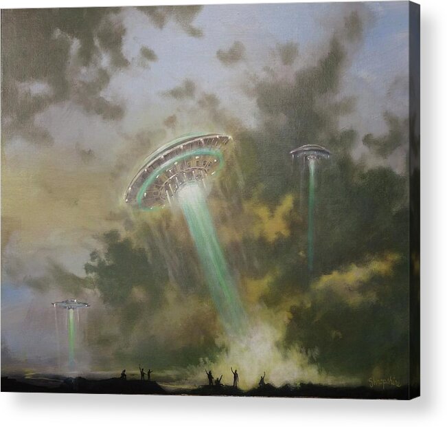  Ufo Acrylic Print featuring the painting Farewell to the Visitors by Tom Shropshire