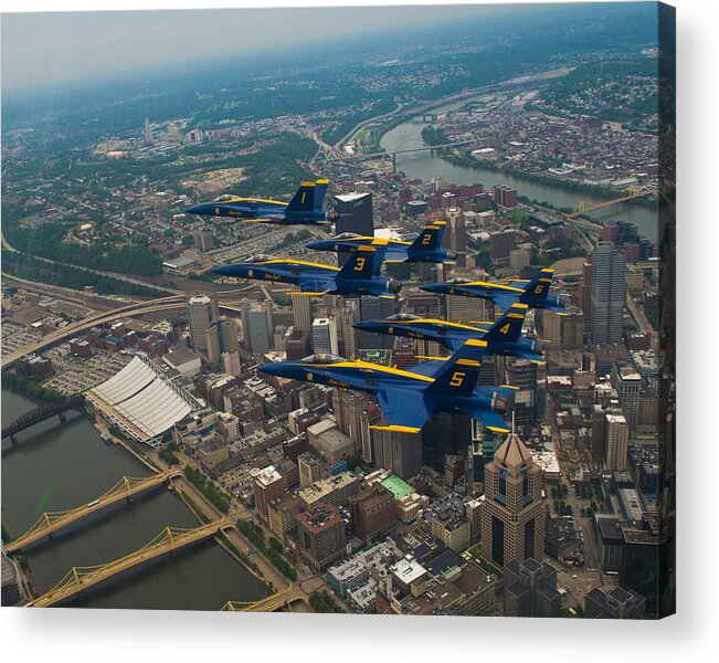 Pittsburg Acrylic Print featuring the photograph Blue Angels over Pittsburg by JC Findley