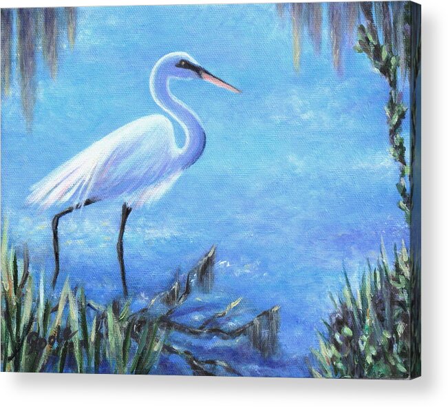 Egret Acrylic Print featuring the painting Graceful Stroll at Magnolia Gardens by Pamela Poole