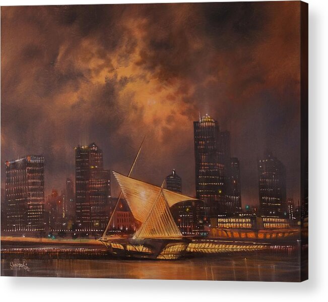 Lake Michigan Acrylic Print featuring the painting Milwaukee Art Museum and Skyline by Tom Shropshire