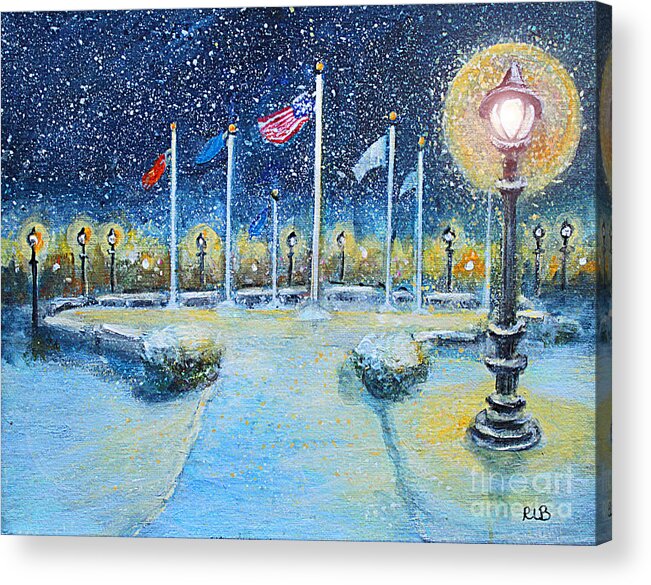 Waltham Acrylic Print featuring the painting Snowy Night at the Circle of Remembrance by Rita Brown