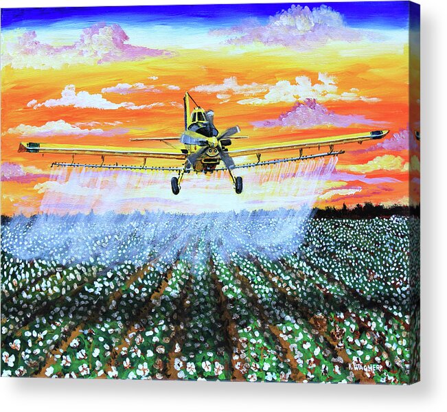 Air Tractor Acrylic Print featuring the painting Air Tractor at Sunset Over Cotton by Karl Wagner