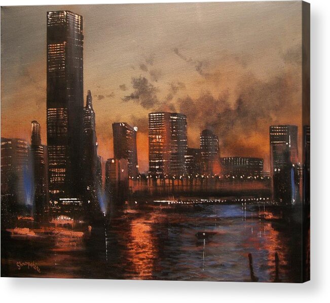 Chicago Acrylic Print featuring the painting Chicago reflections by Tom Shropshire