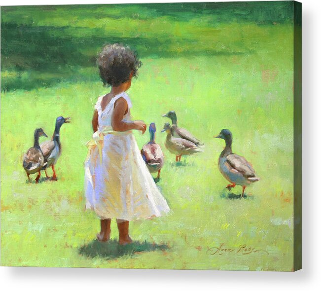 Chasing Ducks Acrylic Print featuring the painting Duck Chase by Anna Rose Bain
