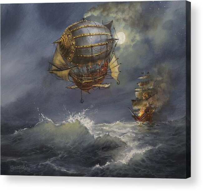 Airship Acrylic Print featuring the painting Airship Attack by Tom Shropshire