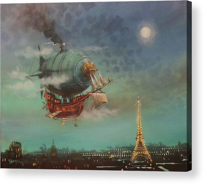 Steampunk Airship Acrylic Print featuring the painting Airship Over Paris by Tom Shropshire
