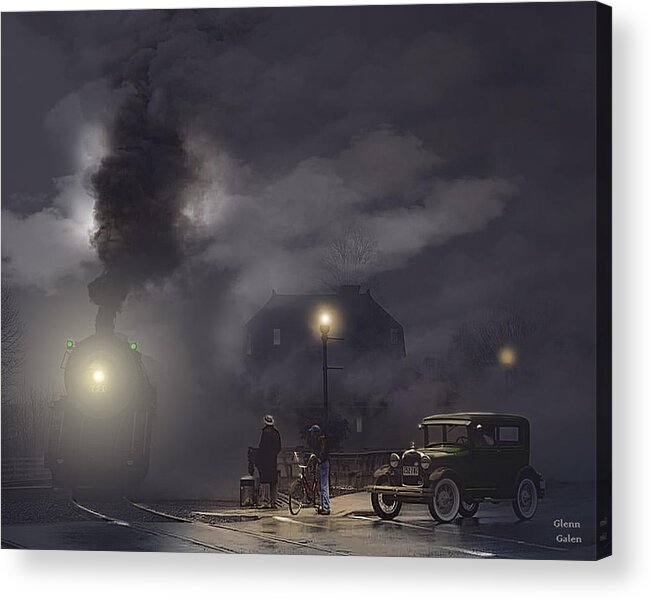 Steam Locomotive Acrylic Print featuring the painting Fast Freight On A Foggy Night by Glenn Galen