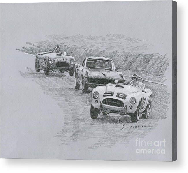 Shevchukart Acrylic Print featuring the drawing 1963 Riverside International Raceway  #98 AC Cobra Miles leads #6 Corvett #198 AC Cobra by Yuriy Shevchuk