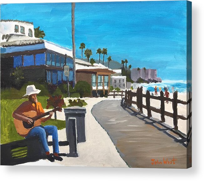 Laguna Beach Acrylic Print featuring the painting Laguna Beach Boardwalk by John West