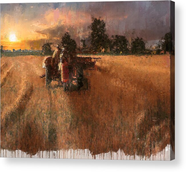 Sunset Acrylic Print featuring the painting Oat Harvest at Sunset - 1940s by Glenn Galen