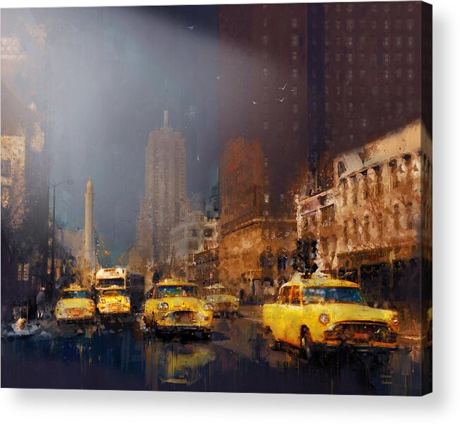 Yellow Acrylic Print featuring the painting Yellow Cabs 1960s Chicago by Glenn Galen