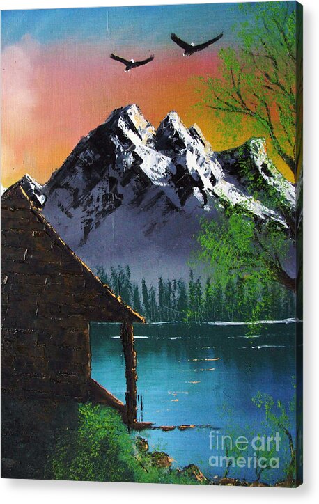 Oil On Canvas Acrylic Print featuring the painting Mountain Lake Cabin w Eagles by Marianne NANA Betts