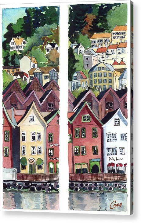 Bergen  Norway Townscape Historic Port  Acrylic Print featuring the painting Bergen, Norway by Joan Cordell