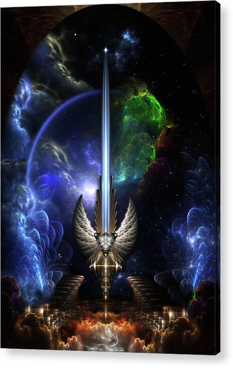 Angel Wing Sword Of Arkledious Acrylic Print featuring the digital art The Angel Wing Sword Of Arkledious Space Fractal Art Composition by Rolando Burbon