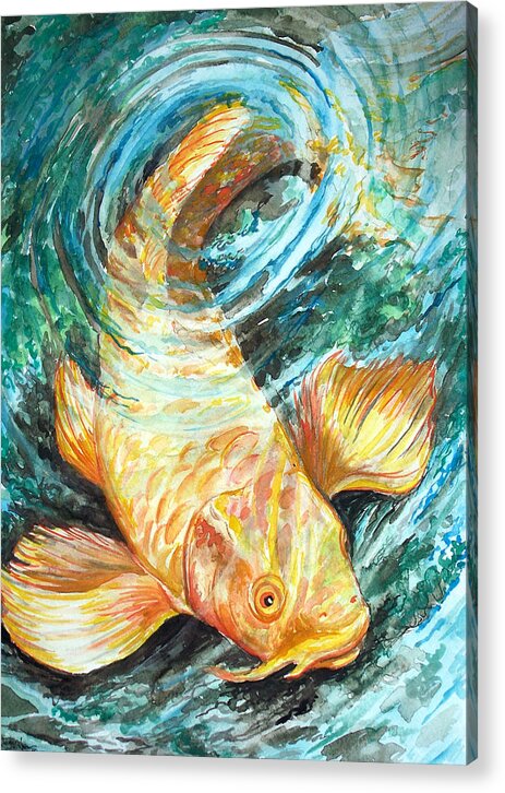 Koi Fish Carp Goldfish Gold Funny Weird Twisted Top Hat Monocle Acrylic Print featuring the painting Watercolor koi study by Jenn Cunningham
