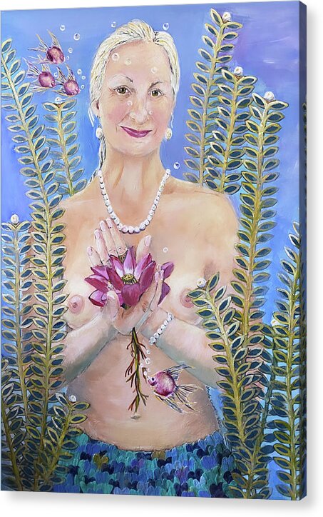Mermaid Acrylic Print featuring the painting Mermaid with Pink Lotus by Linda Queally by Linda Queally