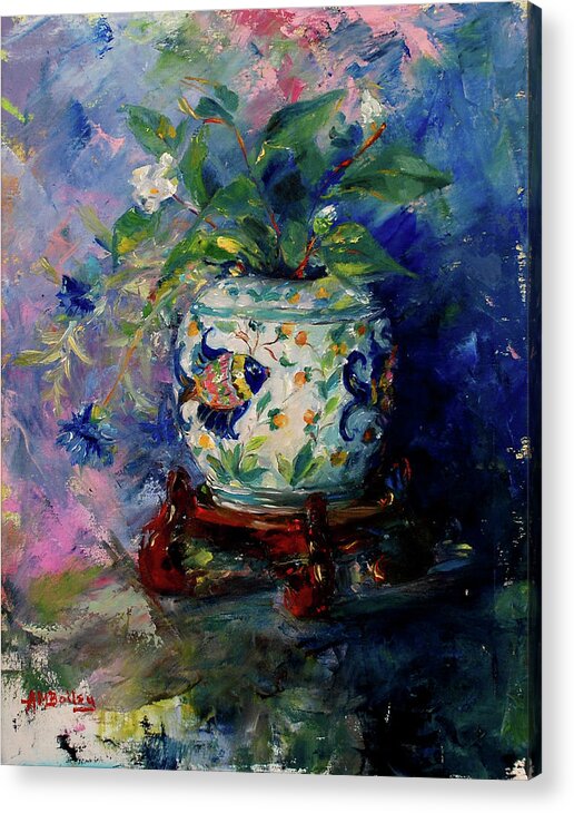 Chinese Vase Acrylic Print featuring the painting Blue Fish With Flowers by Ann Bailey
