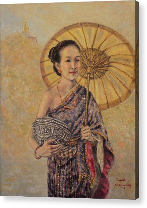 Lao Girl Acrylic Print featuring the painting Golden Luang Prabang by Sompaseuth Chounlamany