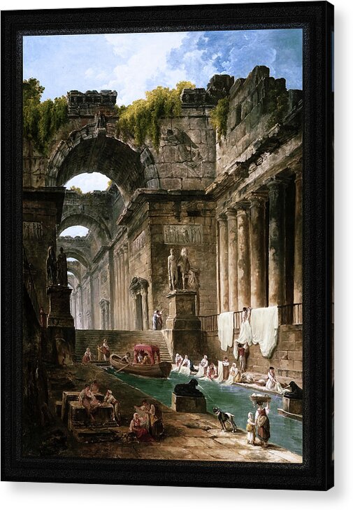 Ruins Of A Roman Bath With Washerwomen Acrylic Print featuring the painting Ruins Of A Roman Bath With Washerwomen by Hubert Robert by Rolando Burbon