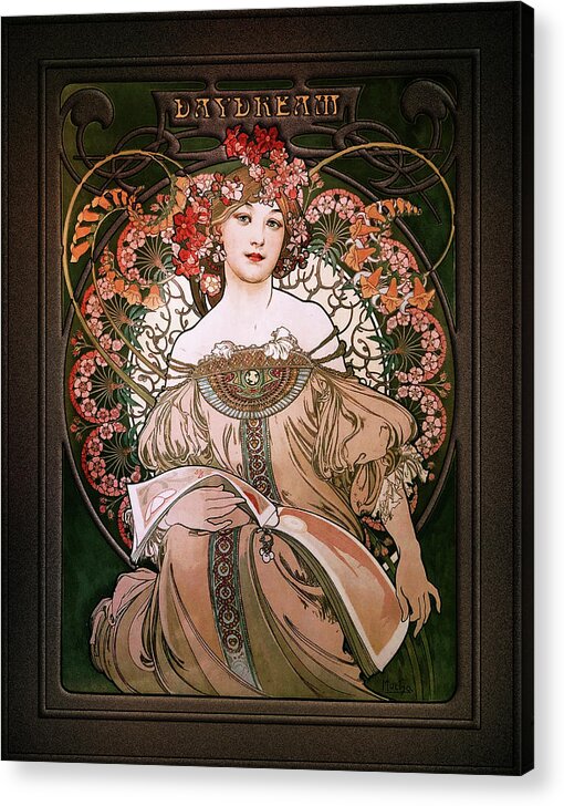 Daydream Acrylic Print featuring the painting Daydream by Alphonse Mucha Black Background by Rolando Burbon