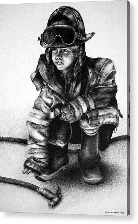 Firefighter Acrylic Print featuring the drawing Little Hero by Jodi Monroe